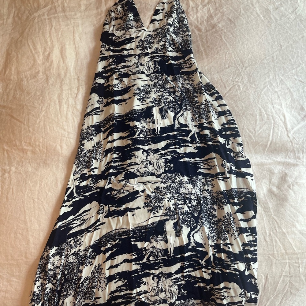 Reformation Navy Blue and White Printed Dress